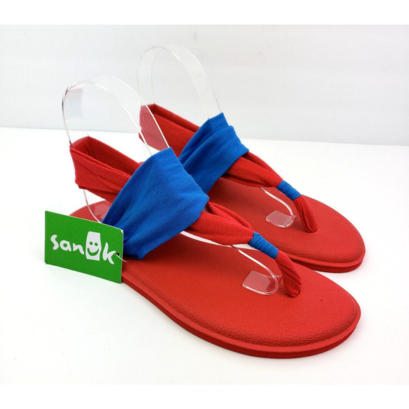 Sanuk Yoga Sling Burst Duo Girls Size 4-5Y Red Blue Comfort Casual Flat Sandals - Picture 1 of 13